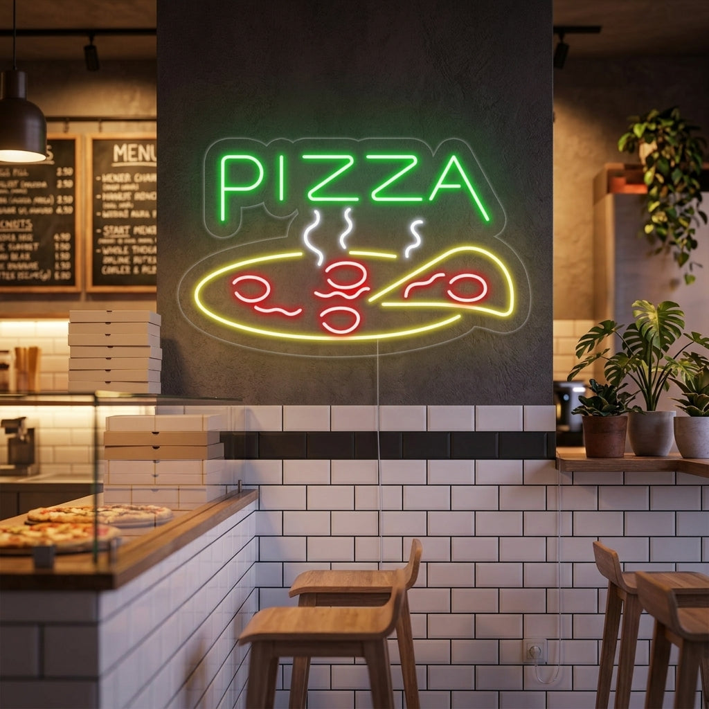 "Pizza, Lebensmittel, Restaurantschild" Neonschrift, Pizza Leuchtreklame, Pizza Leuchtschild