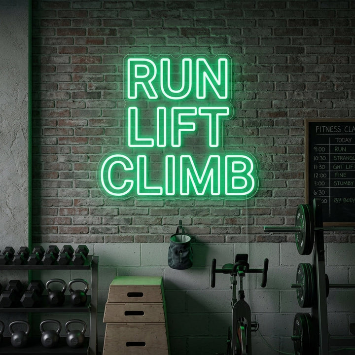 "Run Lift Climb Fitnessstudio" Neonschrift