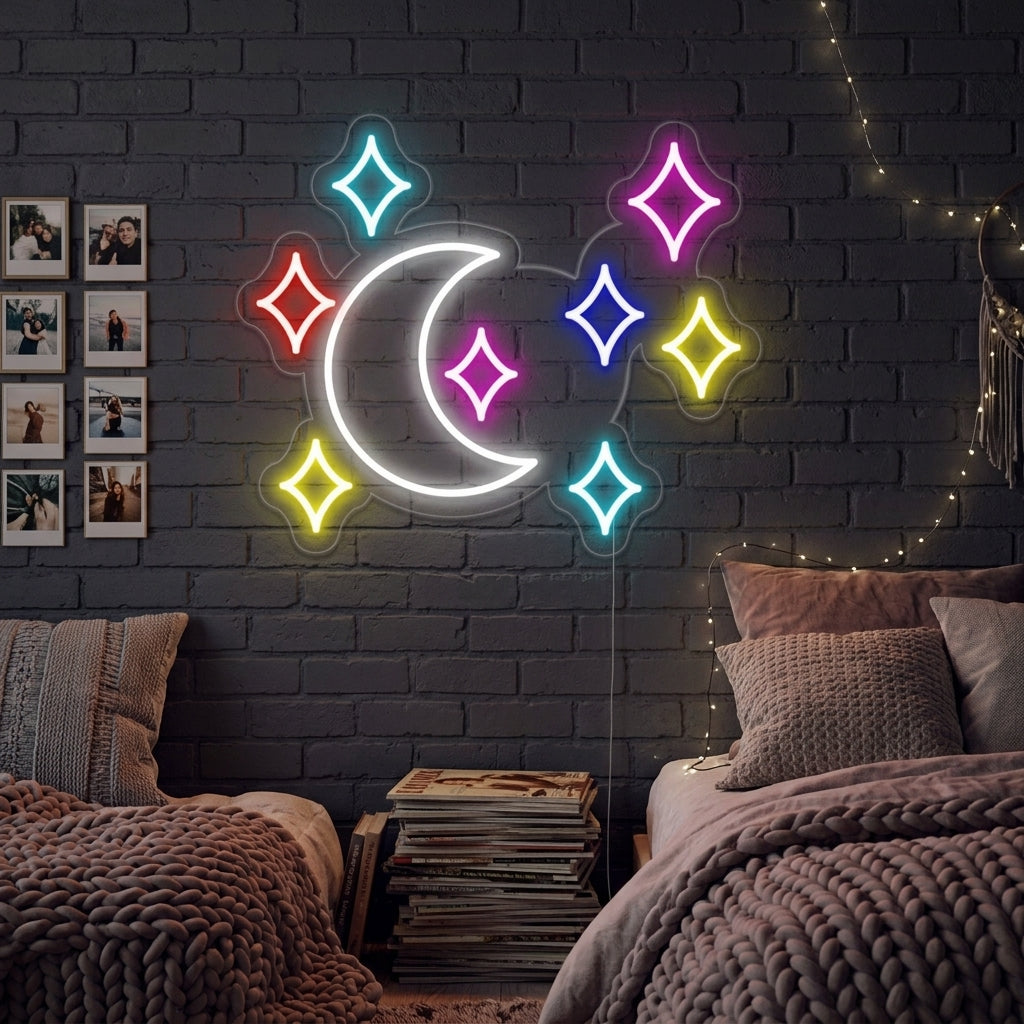 "Mond, Stern" Neonschrift