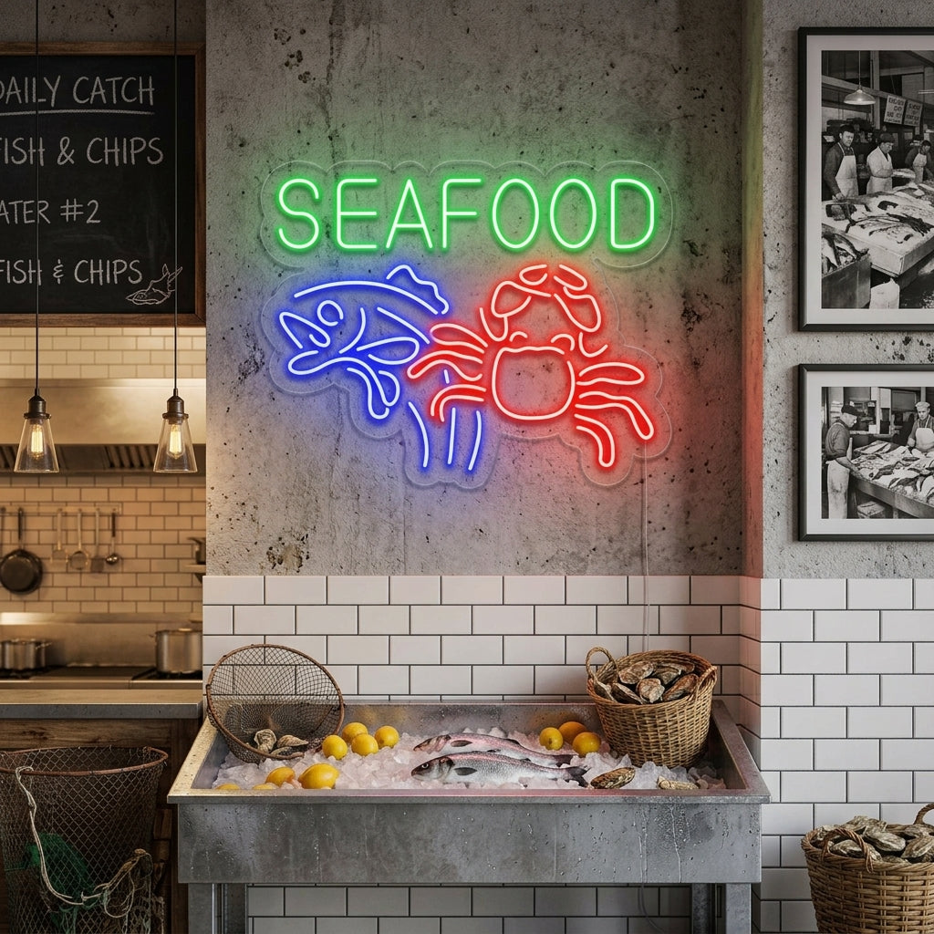 "Seafood, Krabbe, Fisch" Neonschrift