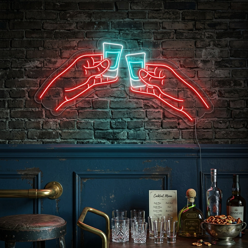 "Zwei Hände, Die Auf Wodka- Oder Tequila-Shots Anstoßen Bar" Neonschrift