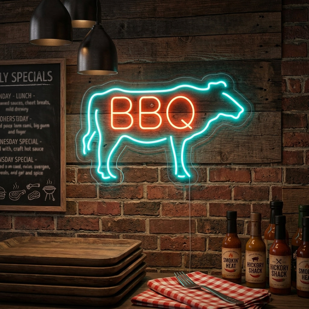 "Kuh, BBQ" Neonschrift