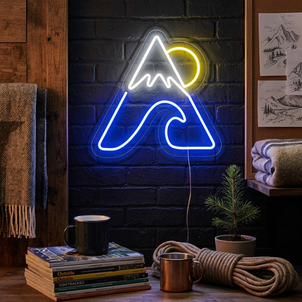"Berg Meer Sonne" Neonschrift