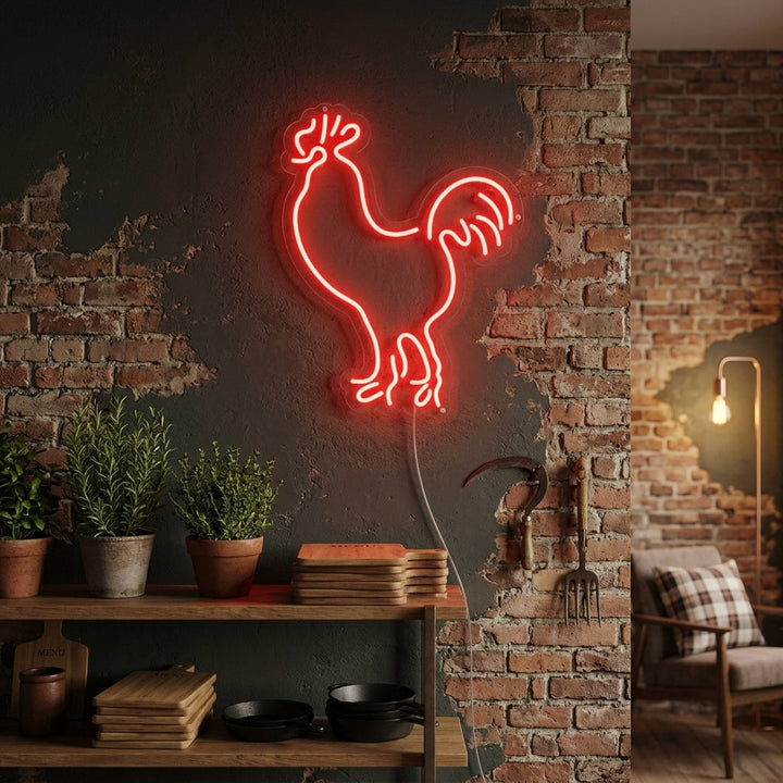 "Hahn, Huhn, Geflügel" Neonschrift