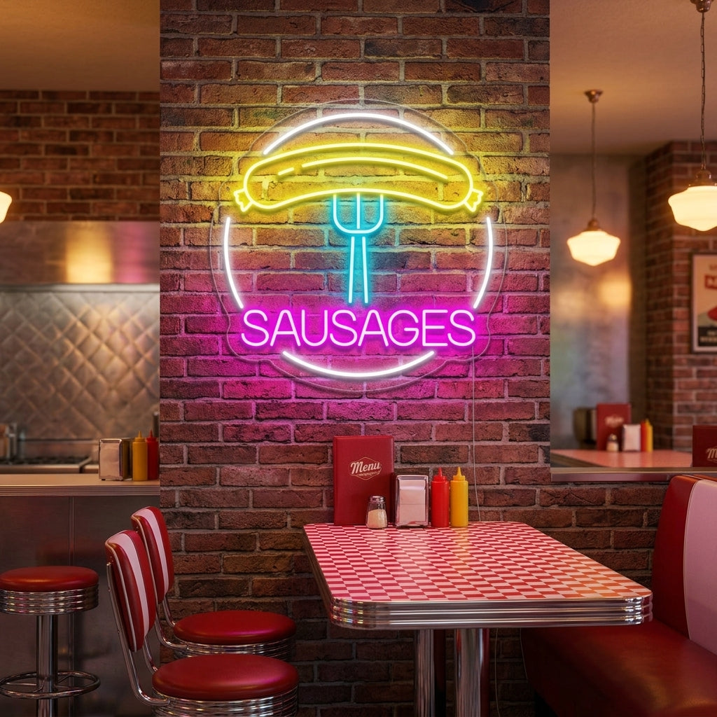 "Sausages, Wurst, Gabel" Neonschrift