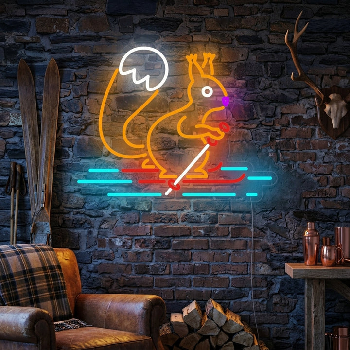 "Eichhörnchen Skifahren" Neonschrift, Skifahren Leuchtreklame