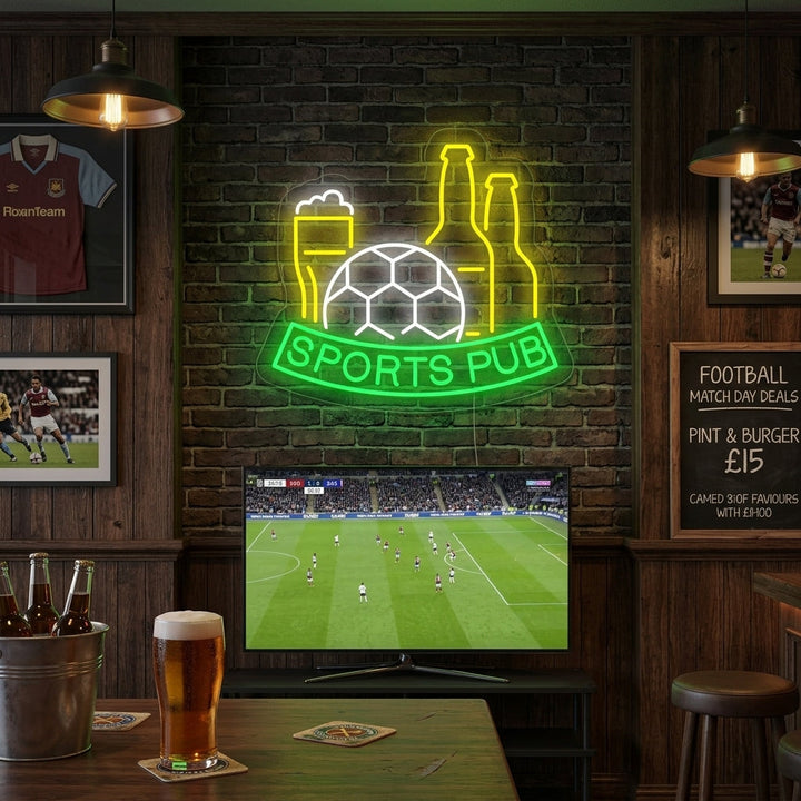 "Fußball, Bier, Sports Pub" Neonschrift