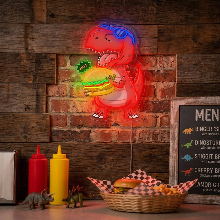 "Dinosaurier essender Burger" Neonschild