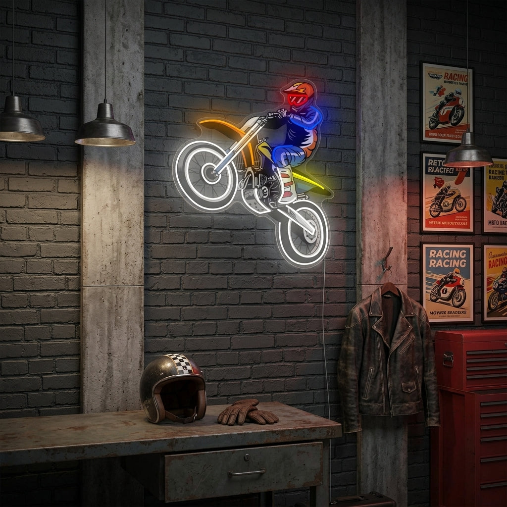 "Motocross-Fahrer springt" Neonschild