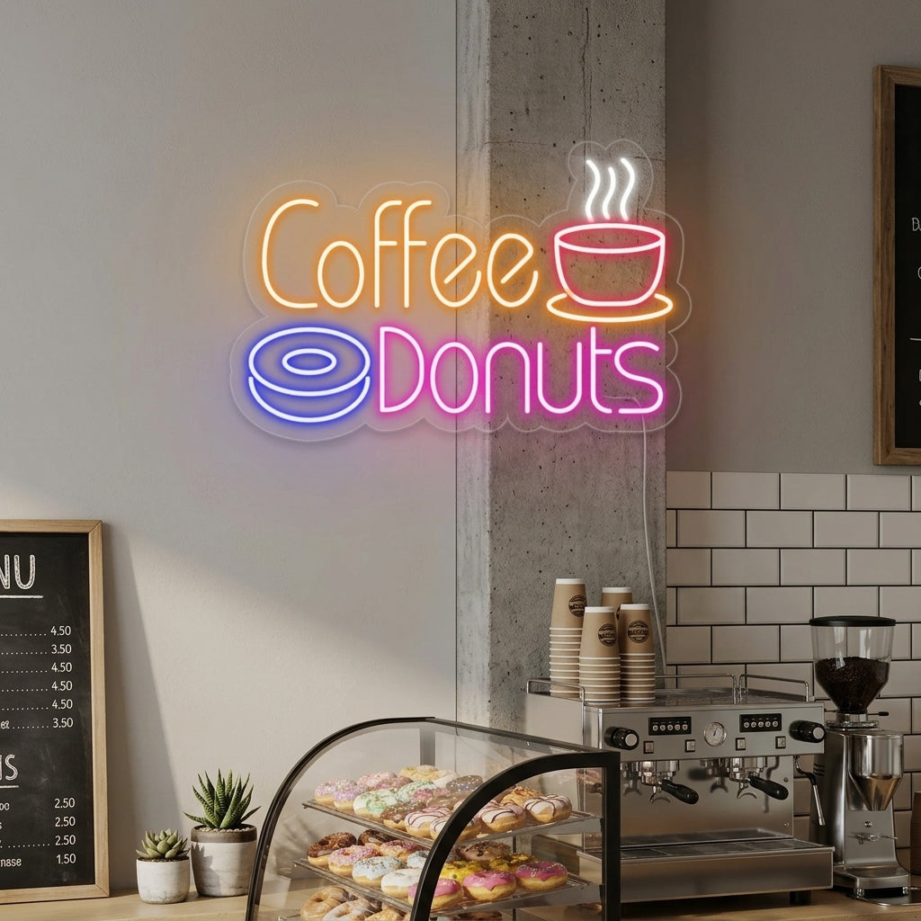 "Heißer Kaffee, Coffee Donuts" Neonschrift