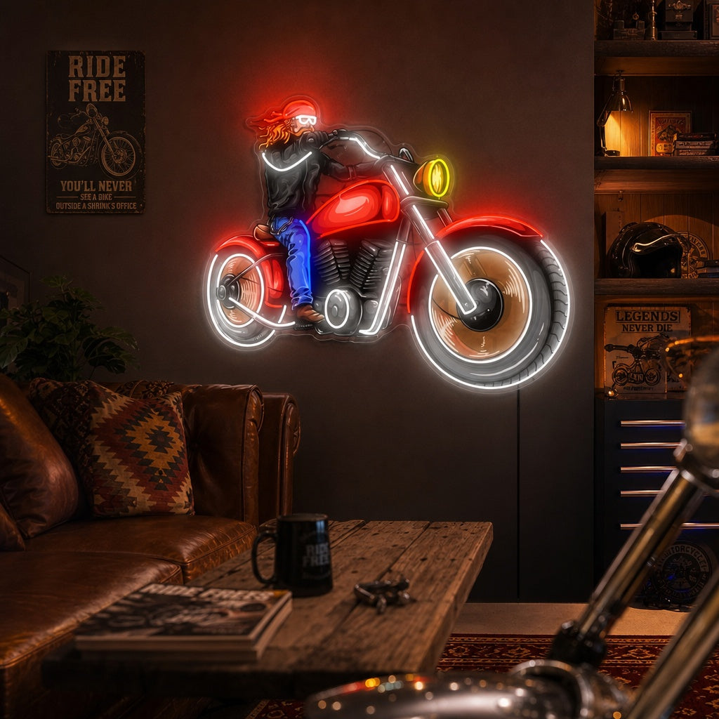"Mann und klassisches Retro-Motorrad" Neonschild