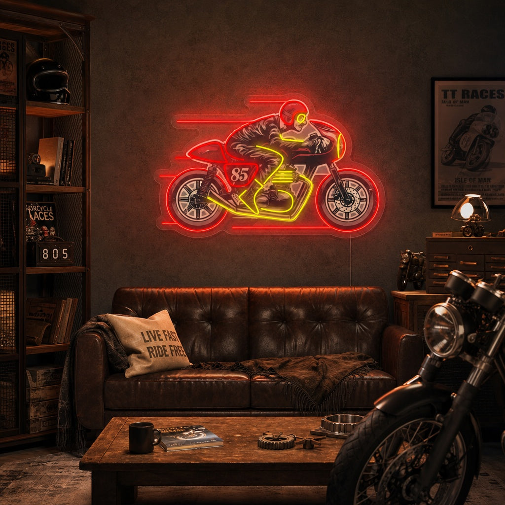 "Mann auf altem Cafe Racer-Motorrad" Neonschild