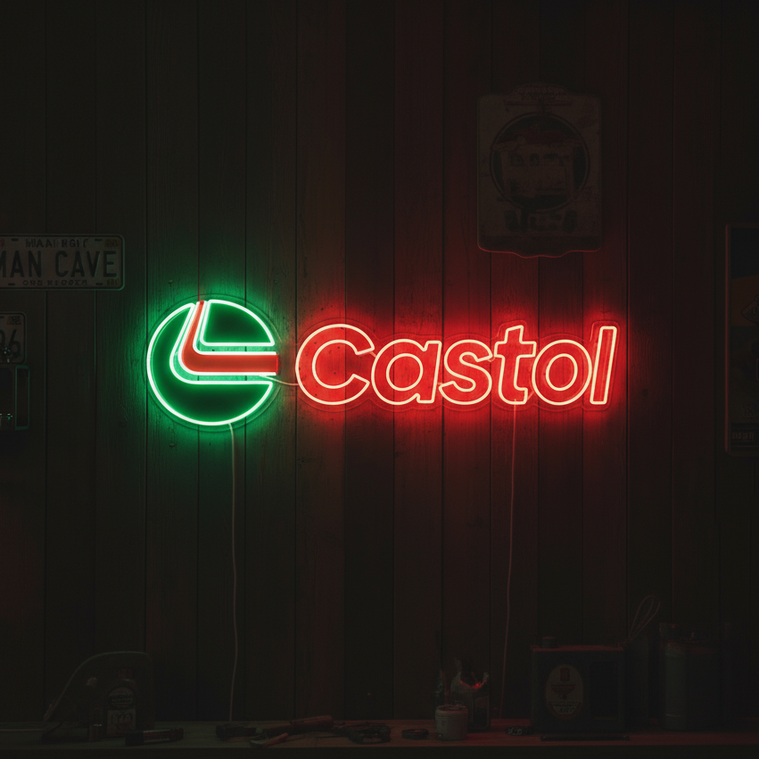 Red and green Castrol logo neon sign, perfect for car workshops and vintage garage setups.