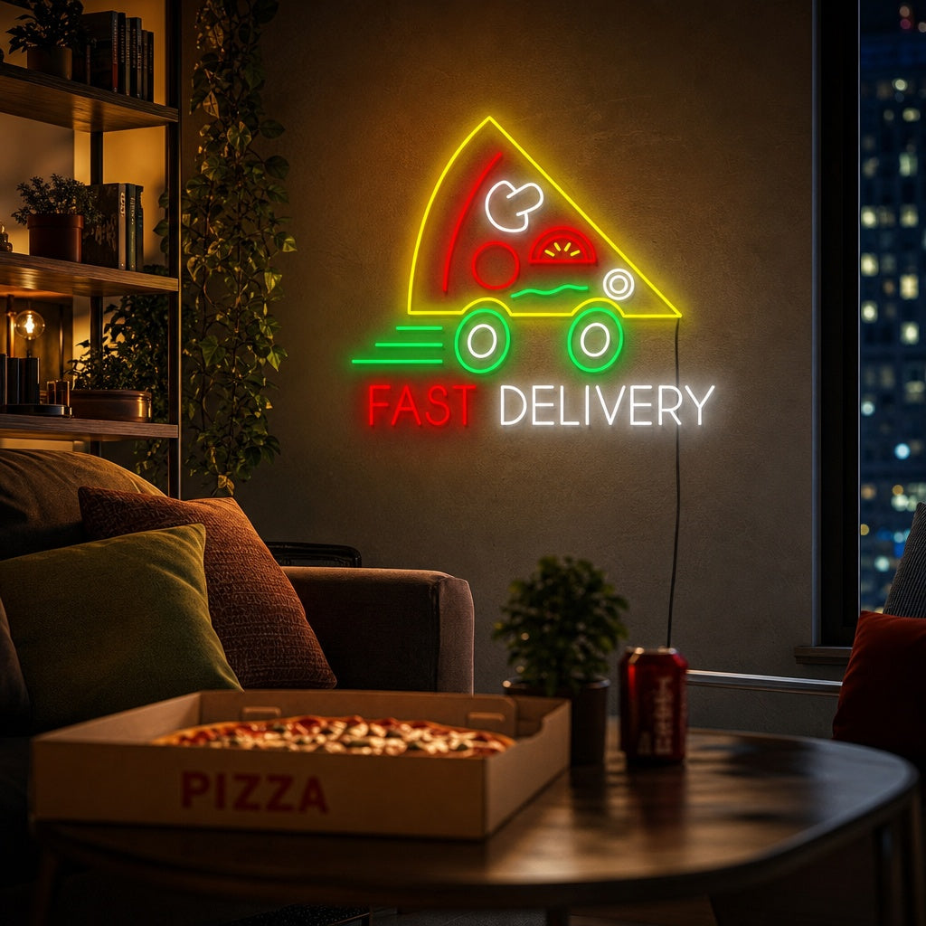 "Pizza Fast Delivery" Neonschild, Pizza Leuchtreklame, Pizza Leuchtschild