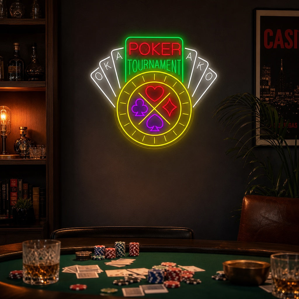 "Poker Tournament" Neonschild, Kasino Leuchtreklame, Kasino Leuchtschild