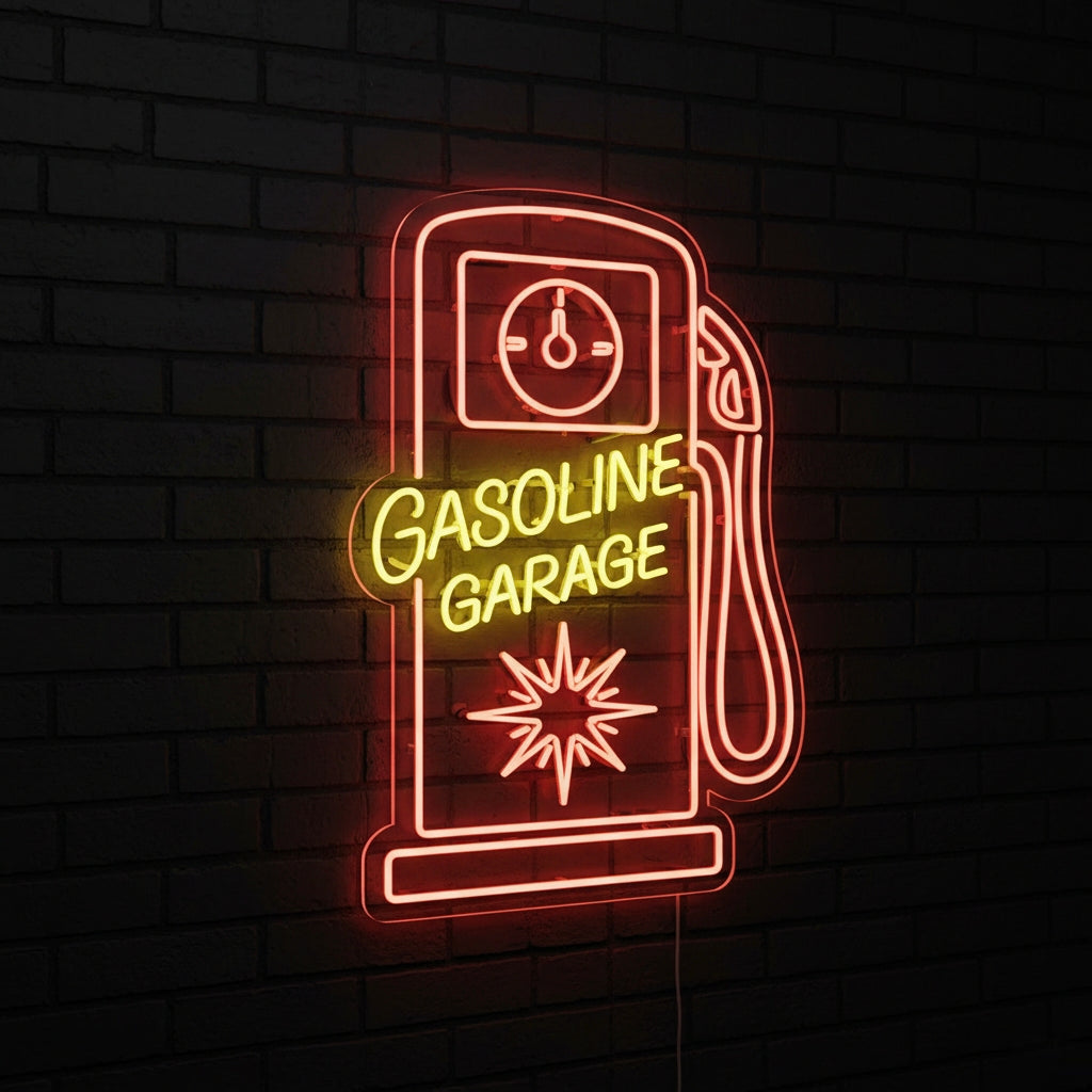 Neon sign shaped like a vintage gas pump with “Gasoline Garage” text, perfect for workshops or man caves.