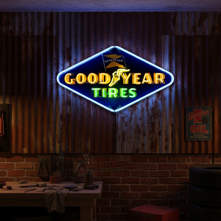 Blue, yellow, and green Goodyear Tires neon sign with winged foot, ideal for automotive fans and workshops.