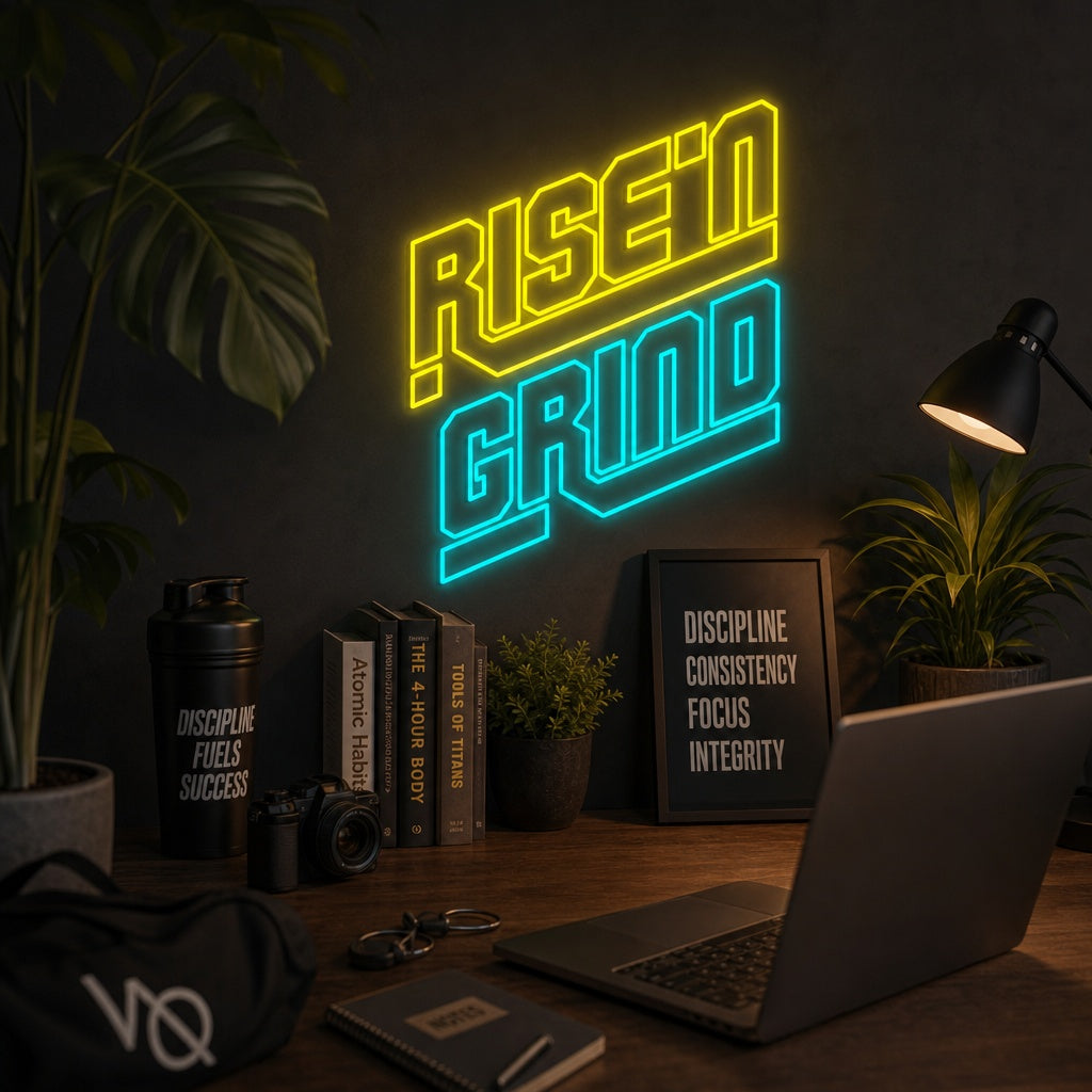 "Rise'n Grind" Neonschild, Gym Leuchtreklame, Homegym Deko
