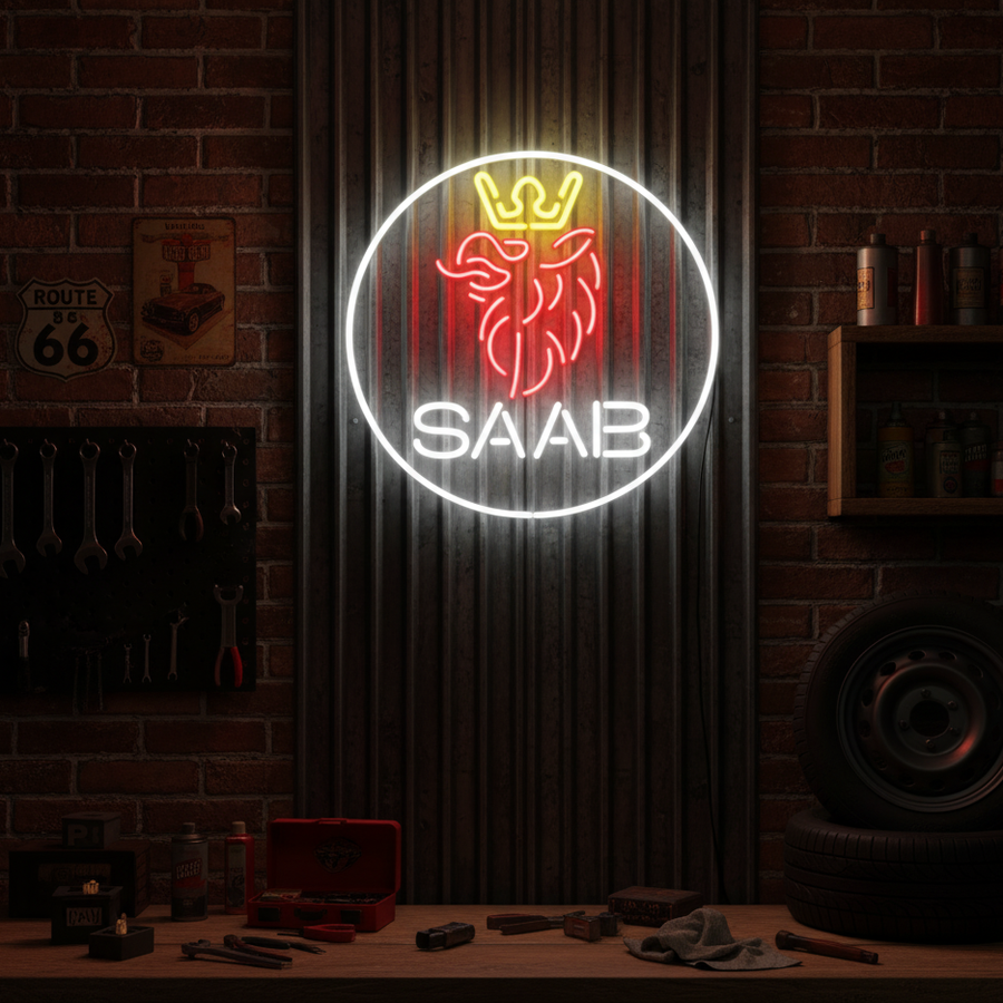 Neon sign with the iconic SAAB griffin logo in red, yellow, and white, ideal for vintage car fans and garage decor.