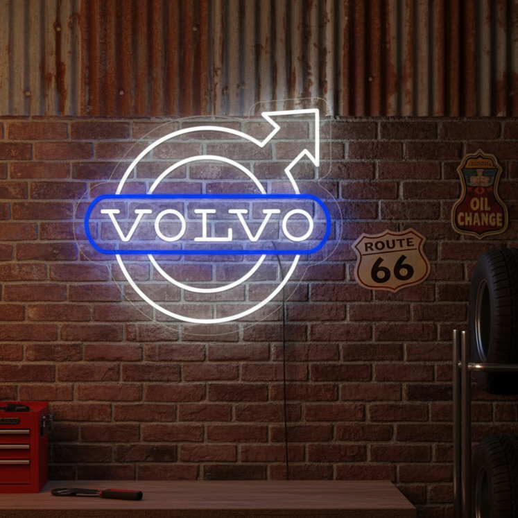 Neon sign featuring the Volvo circle-and-arrow logo in blue and white, adding modern automotive flair.