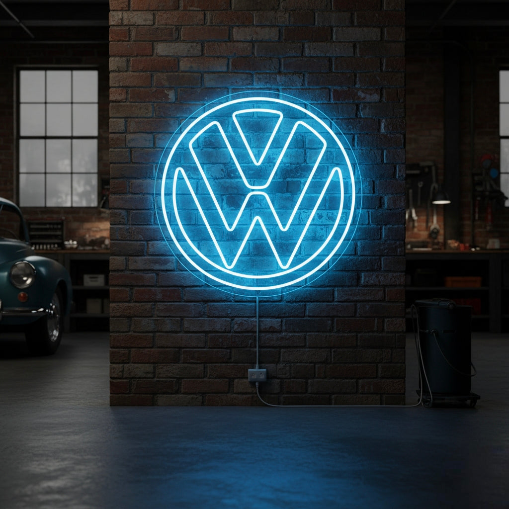 Blue VW circular logo neon sign, ideal for retro garages or automotive display walls.