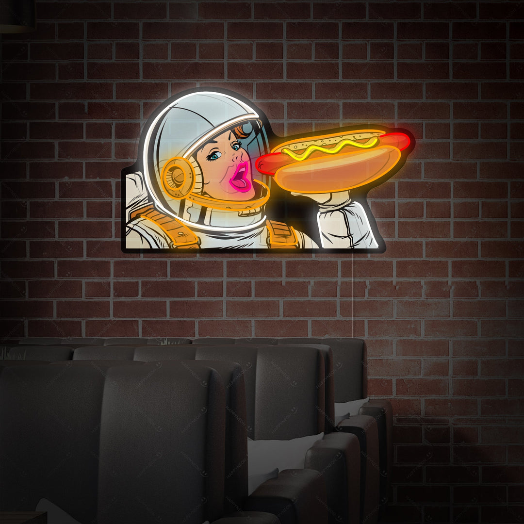 "Astronautin isst Hot Dog" Neonschild