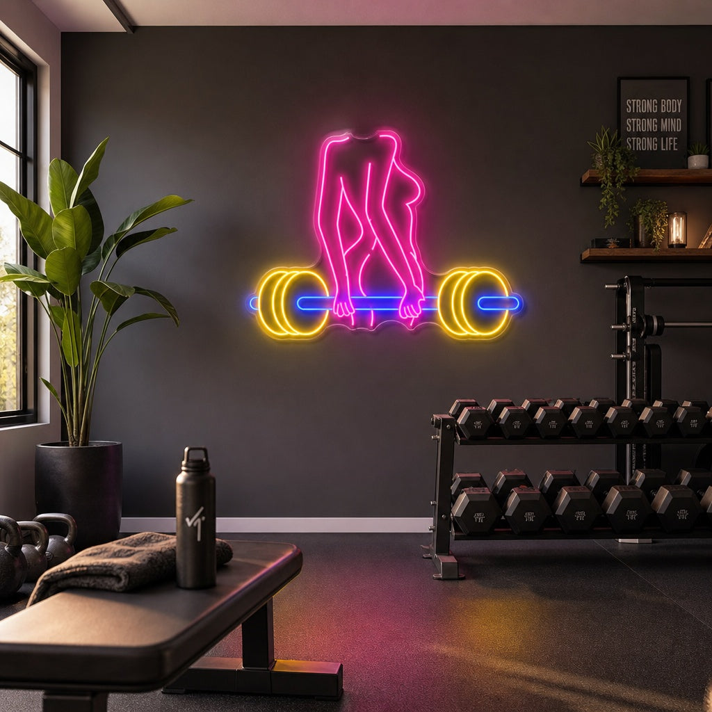 "Frau Hantel" Neonschild, Gym Leuchtreklame, Homegym Deko