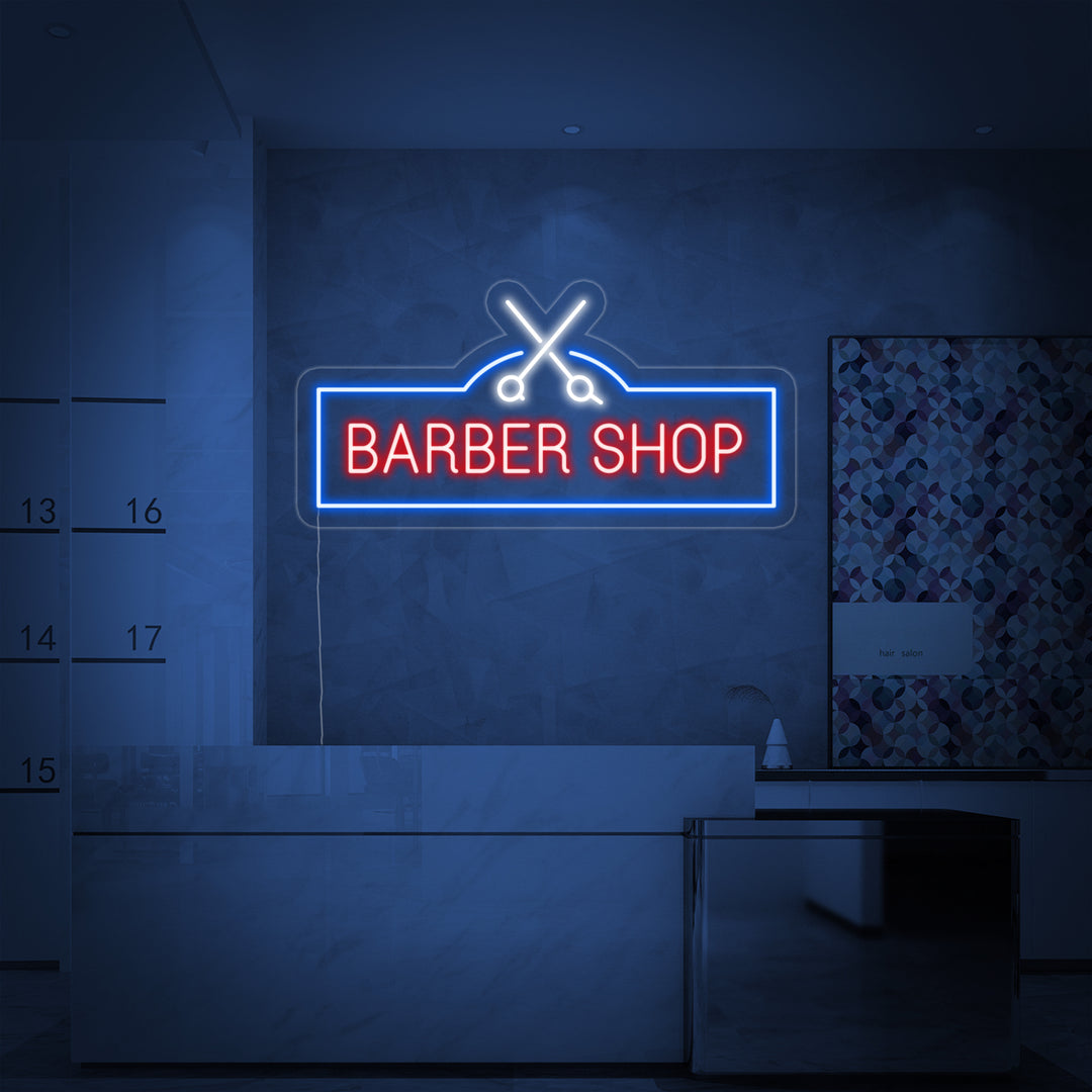 "Barber Shop, Friseurschere" Neonschrift