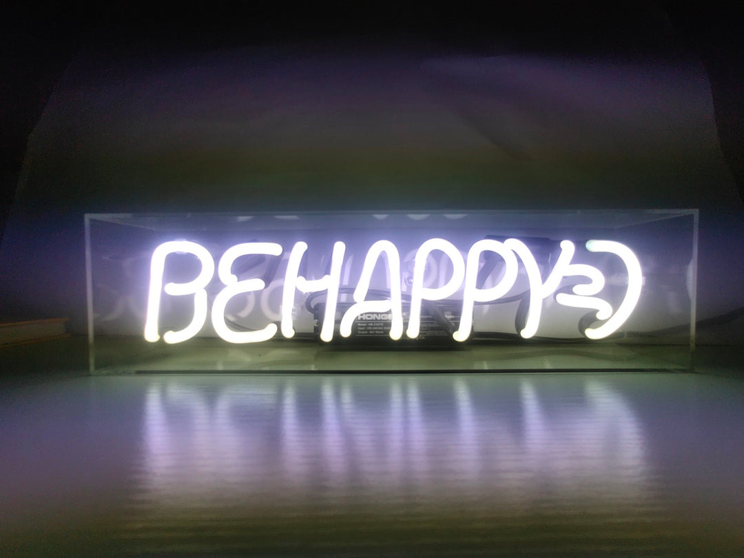 "Be Happy" Acrylbox Neonschrift, Glas Neonschrift, Tisch Neonschrift