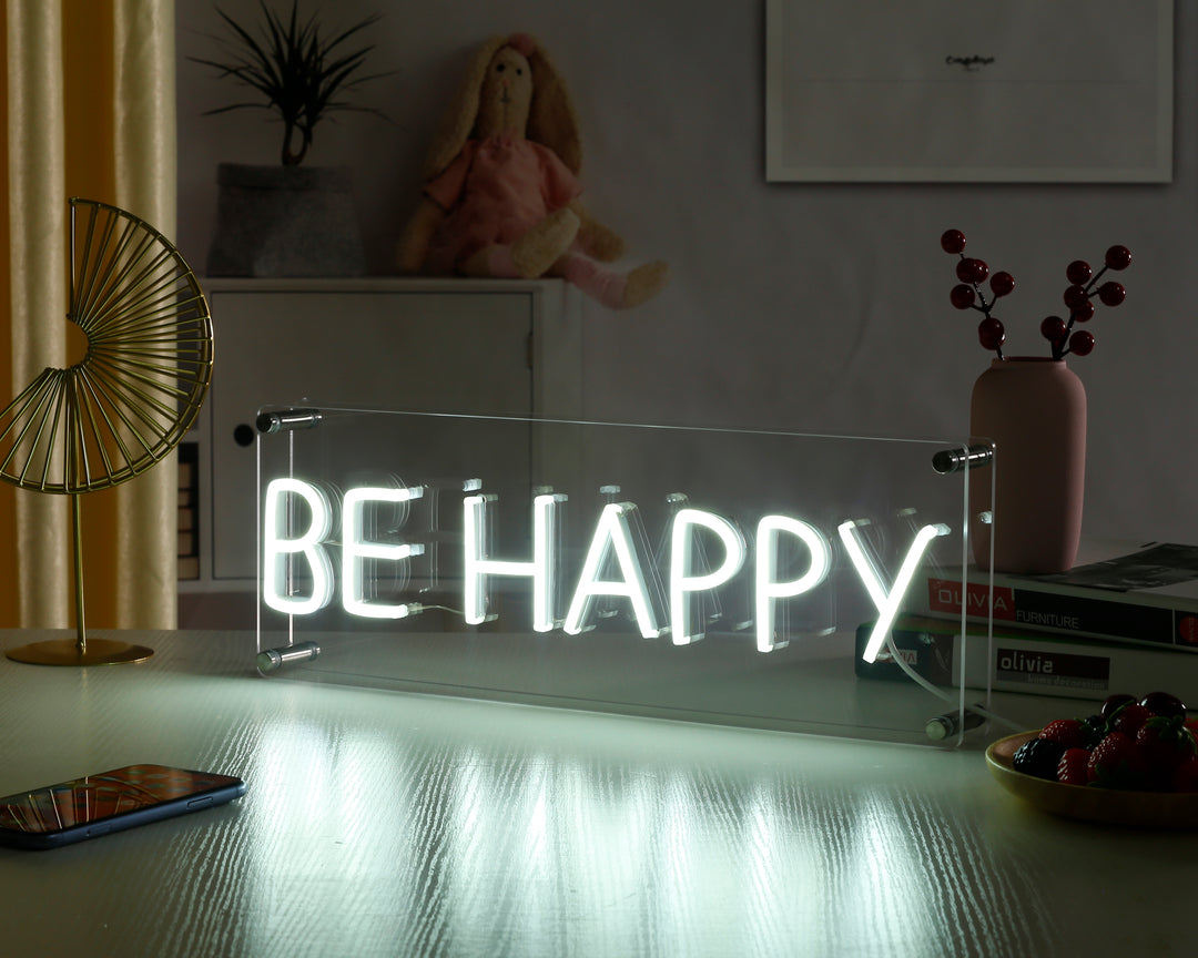 "Be Happy" Schreibtisch LED Neonschrift