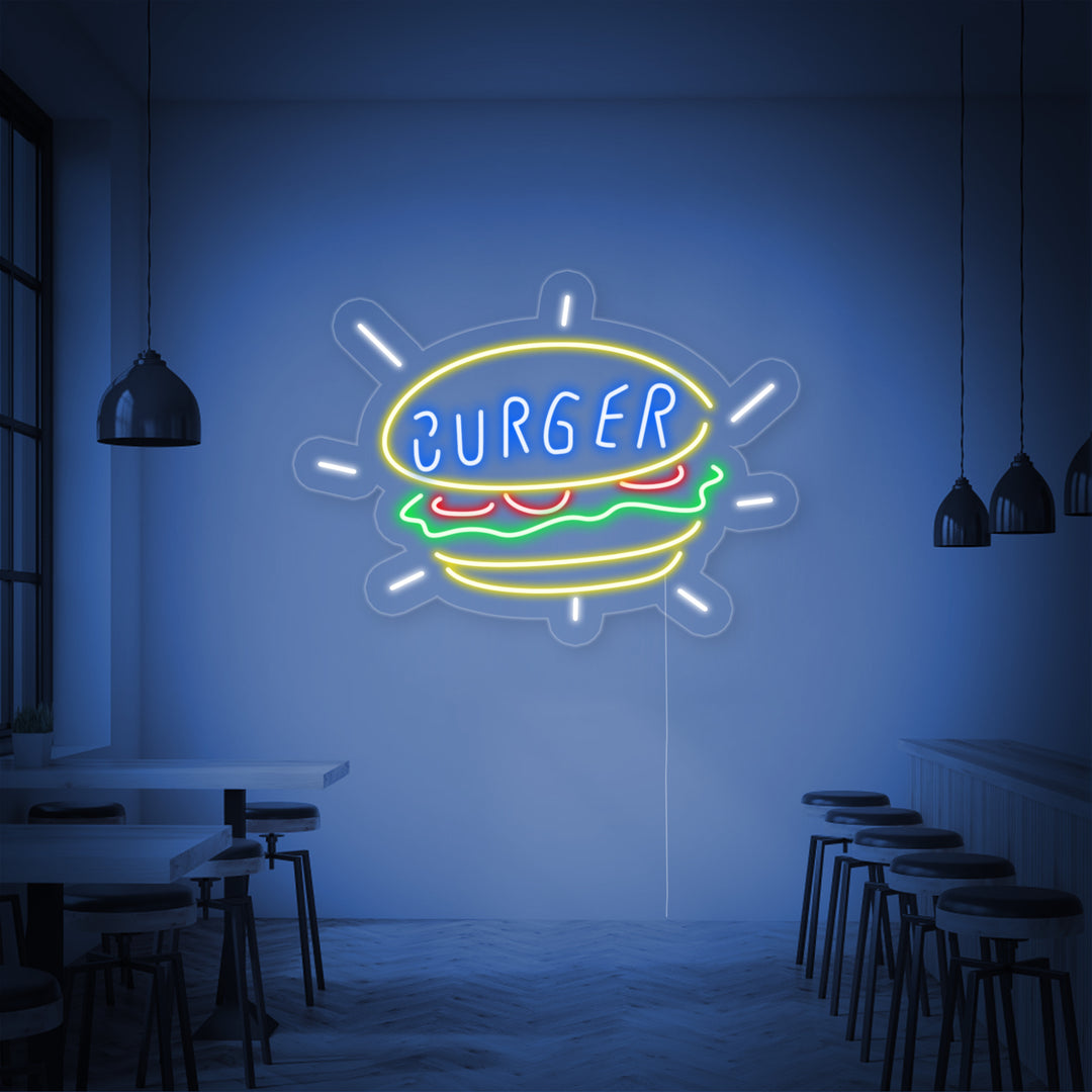 "Burger, Lebensmittelgeschäft" Neonschrift