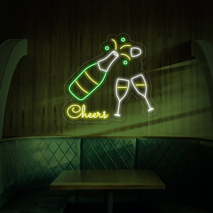 "Champagnerflasche, Champagnergläser, Cheers" Neonschrift