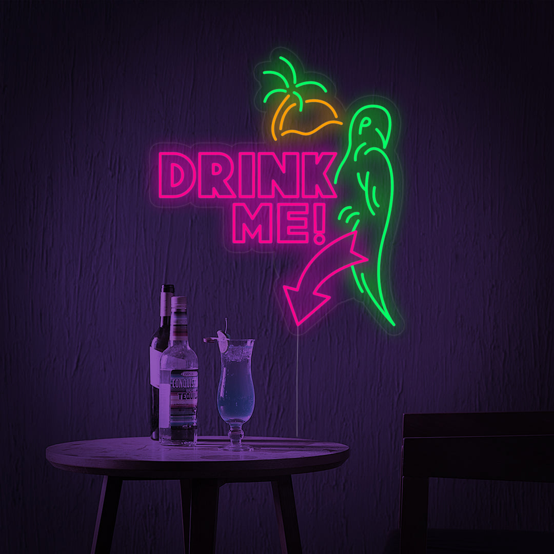 "Papagei, Drink Me" Neonschrift