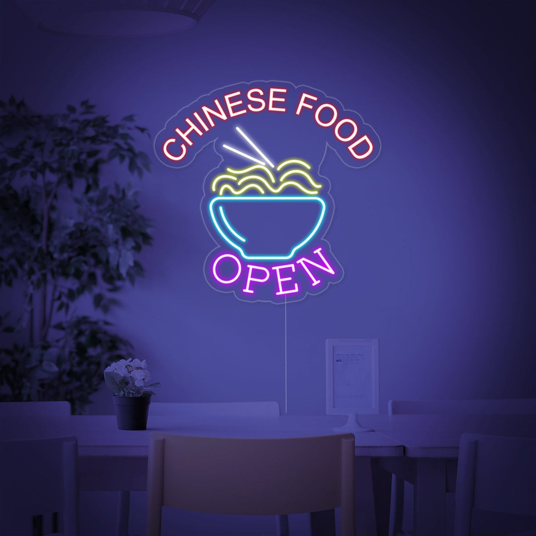 "Chinese Food Open, Nudeln" Neonschrift