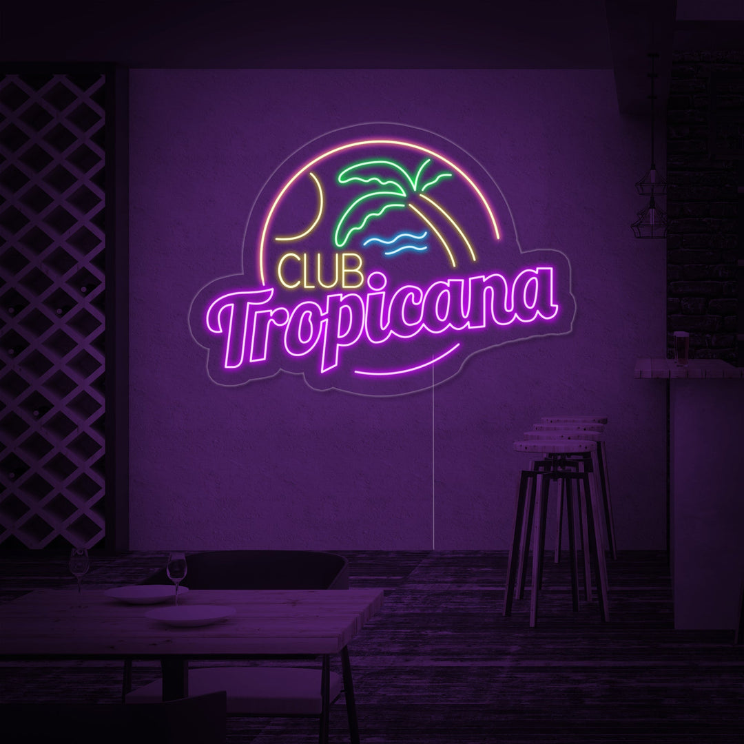 "Club Tropicana Strand, Palme, Bar" Neonschrift