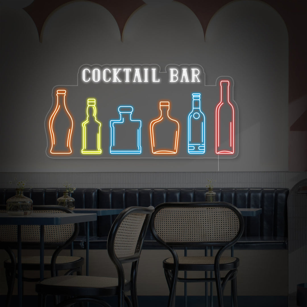 "Cocktail Bar Flaschen Whisky, Wein, Tequila, Champagner, Cognac, Rum, Bourbon" Neonschrift