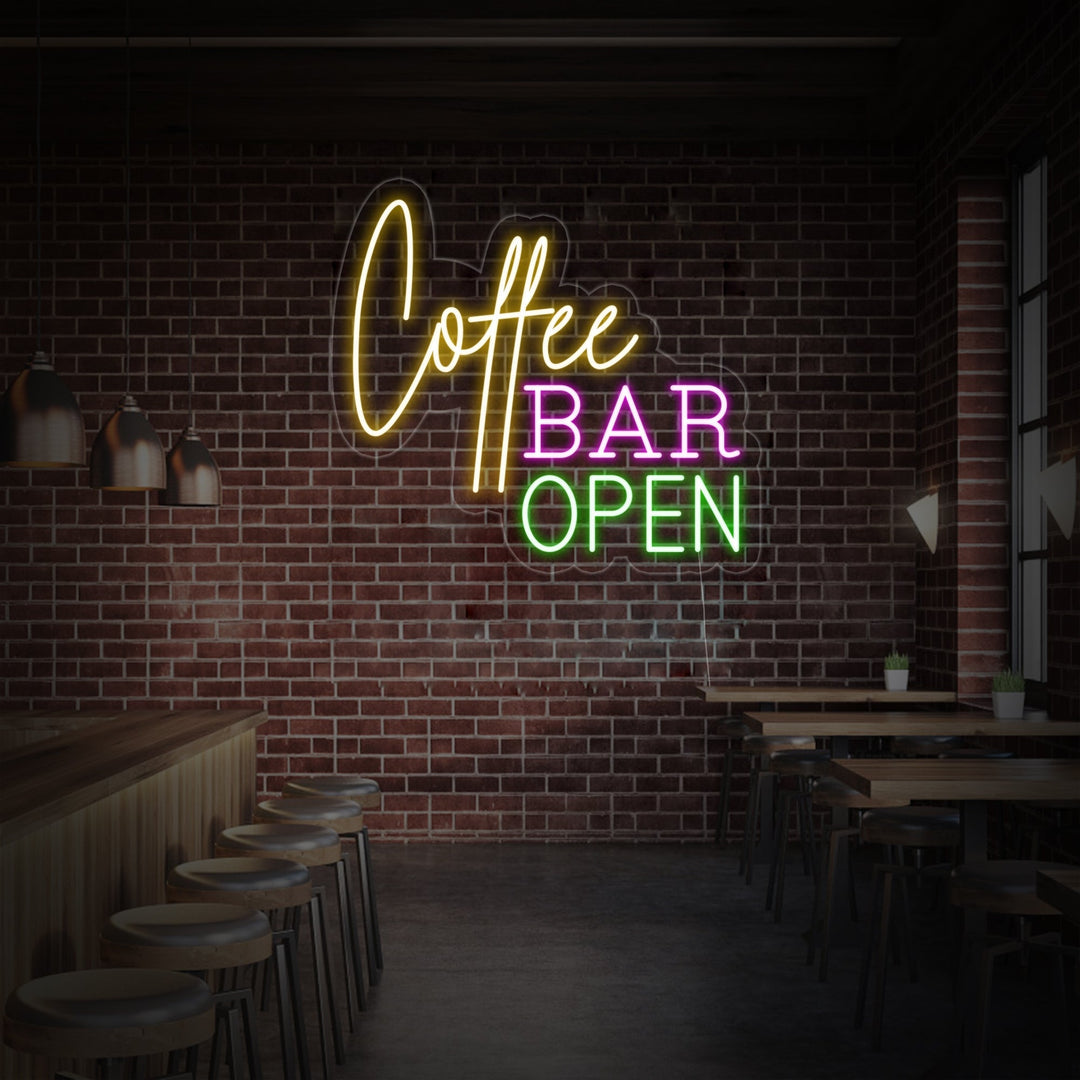 "Coffee Bar Open" Neonschrift