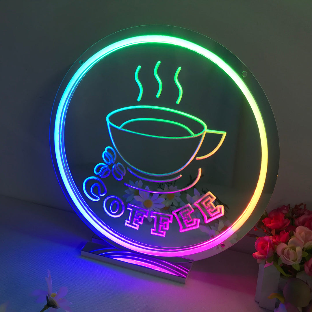 "Coffee, Heißer Kaffee, Traumhafte Farbänderung" Spiegel Neonschrift