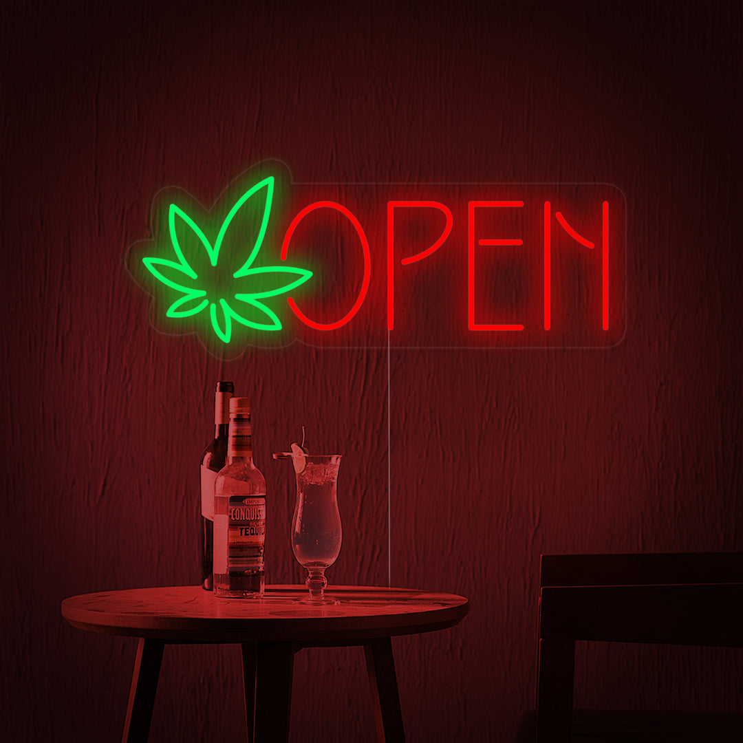 "open, dispensary, feuille de marijuana" Neonschrift