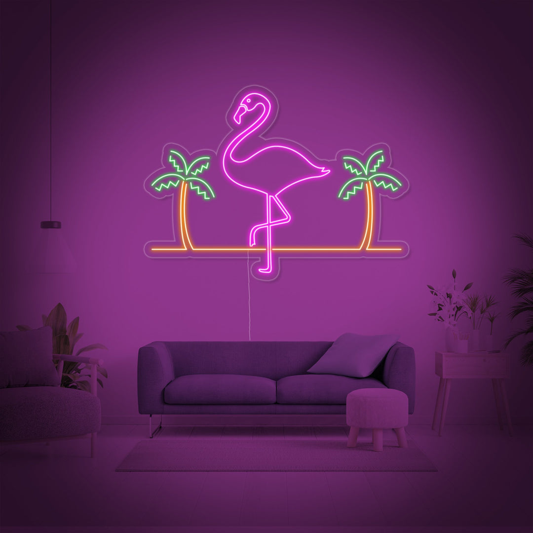 "Flamingo, Palmen, Bar" Neonschrift