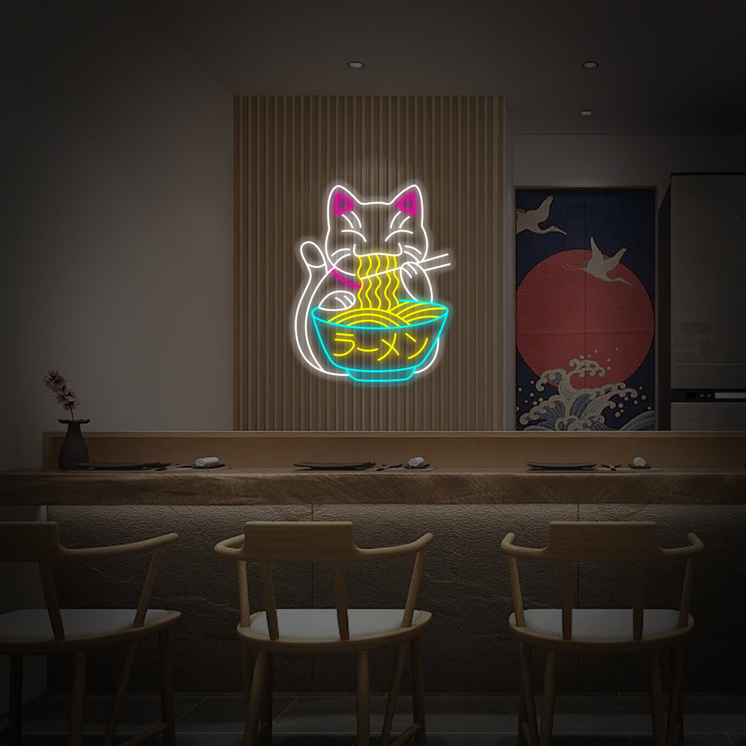 "Glückskatze Isst Ramen Und Japanische Nudeln" Neonschrift