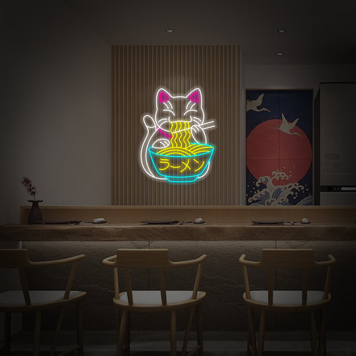 "Glückskatze Isst Ramen Und Japanische Nudeln" Neonschrift