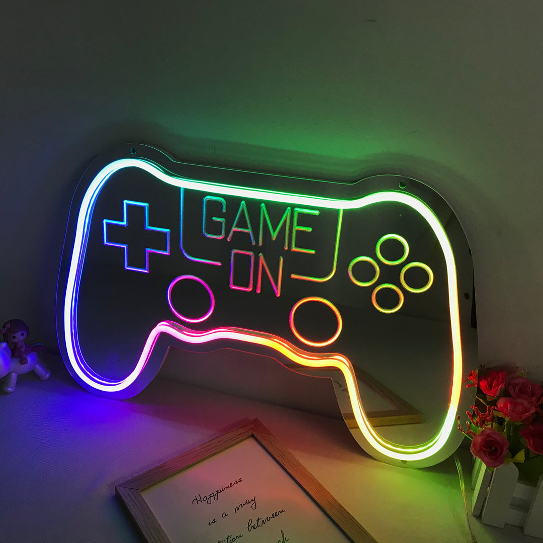 "Game On, Spielcontroller, Traumhafte Farbänderung" Spiegel Neonschrift