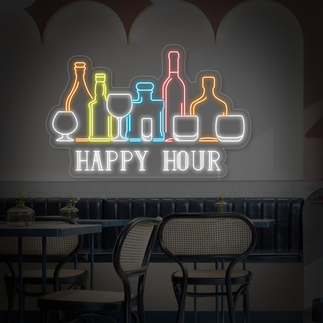"Happy Hour Bar Weine Flaschen" Neonschrift