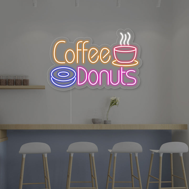 "Heißer Kaffee, Coffee Donuts" Neonschrift