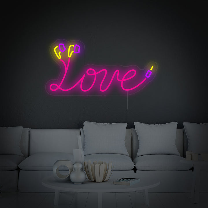 "love, Kopfhörerkabel" Neonschrift