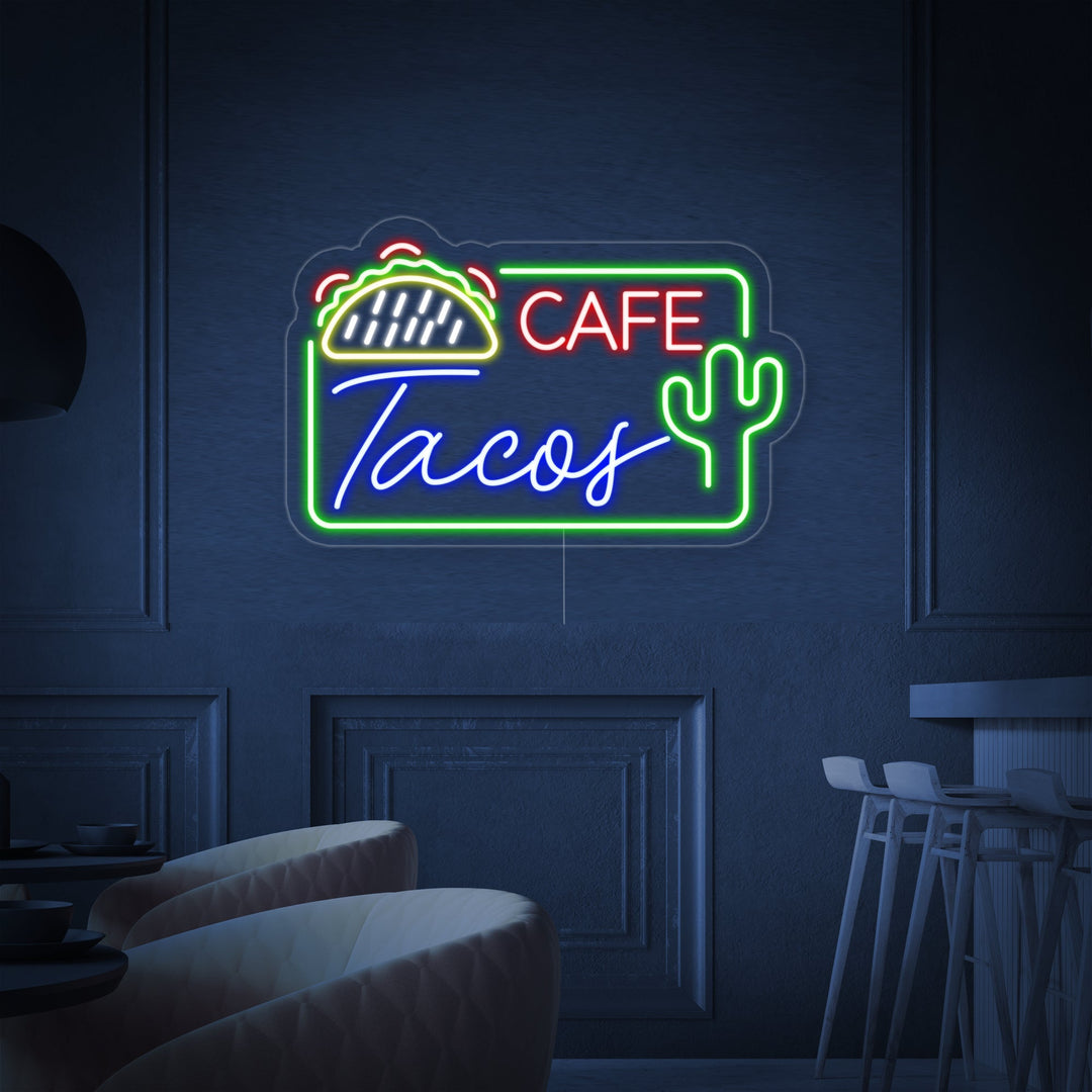 "CAFE TACOS, Mexikanisches Essen" Neonschrift