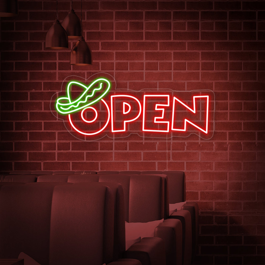 "open, Mexikanisches Essen" Neonschrift