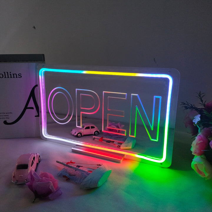 "Open, Traumhafte Farbänderung" Spiegel Neonschrift