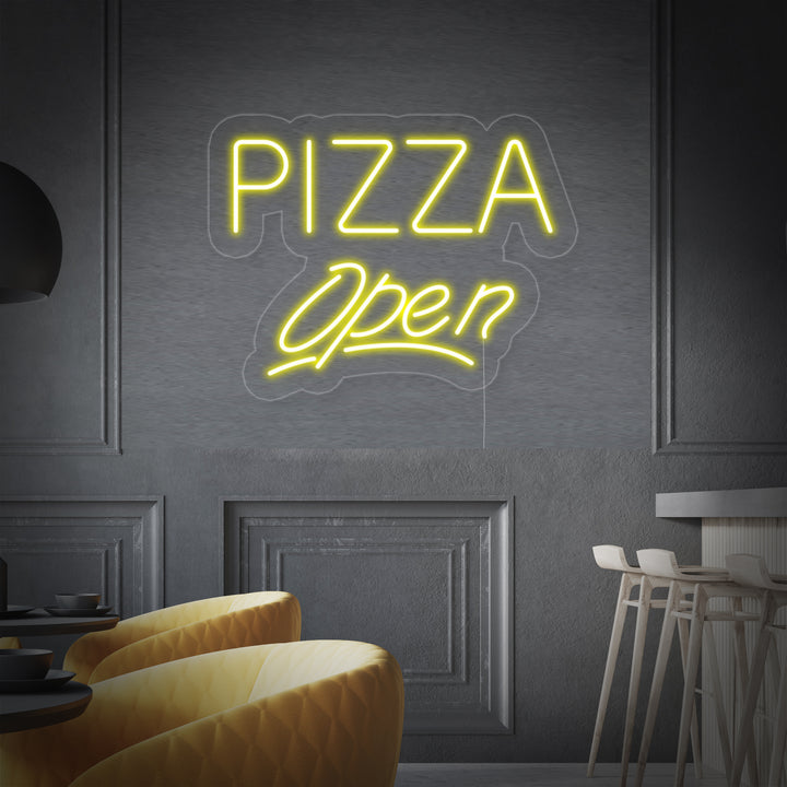 "Pizza Open" Neonschrift, Pizza Leuchtreklame, Pizza Leuchtschild